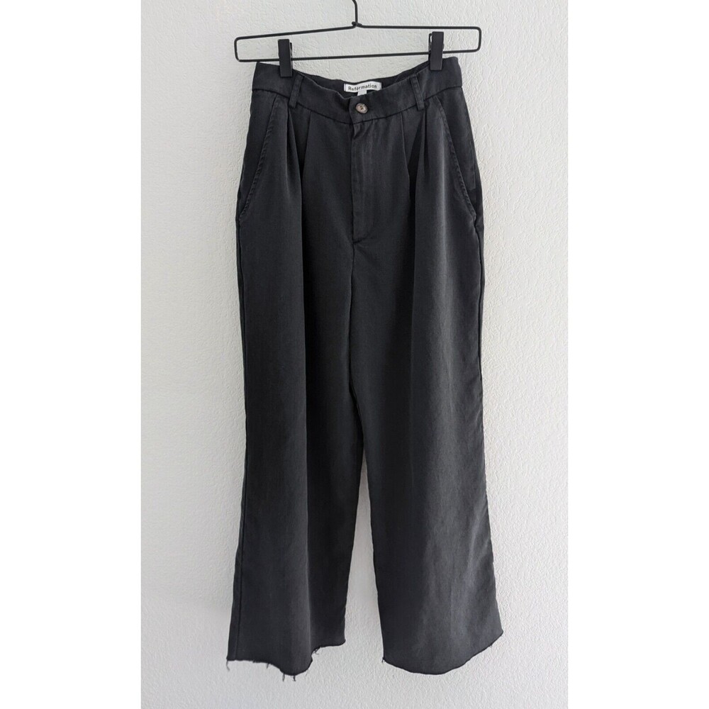 Reformation Mason Pants Women's Size 2P Black Frayed Hem Wide Leg Bottoms